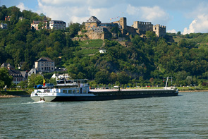 Am Rhein bei St. Goar. Ihr seht über den Rhain auf die Burg Rheinfels, die größte Burgruine am Rhein.