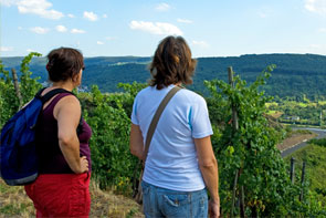 Zwei Wandersfrauen stehen am Weinberg und blicken in Tal