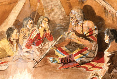 Gemäde «The Story Teller» von Charles Russell (Indianer sitzen und lauschen um ein Lagerfeuer herum)