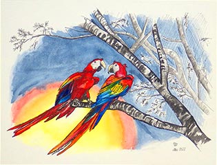 Aquarell: Romantisches Papageienpaar