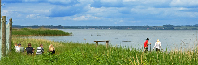 Schilfgürtel am Rand eines blau schimernden Gewässers; einige Reusen zum Trocknen an Land und ein paar Jugendliche sitzen und schauen aufs Wasser