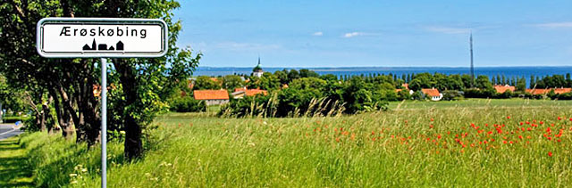 Blick über eine Gerstenfelder und über rote Dächer der Stadt Äroskobing bis zum Meer. Links das Ortseingangsschild des Ortes.