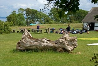 Wiese mit Holztischen und Jugendlichen