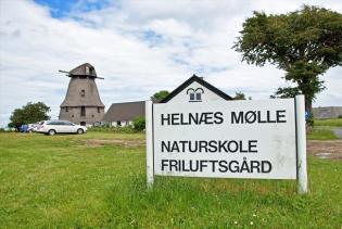 Die flügellose Mühle im Hintergrund; vorne ein großes Schild, auf dem auf den 'Freiluftgarten' und die 'Naturschule' Helnaes Mölle hingewiesen wird.