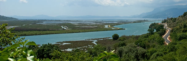 Blick über grüne Flächen durchzogen von lagunenartigen Wasserflächen