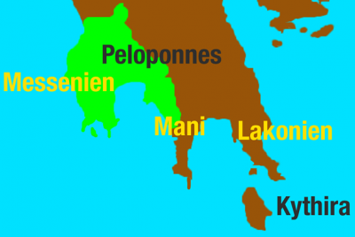 Karte Peloponnes, das Gebiet Messeniens ist hervorgehoben